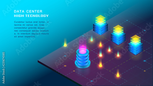 Concept of big data processing, web hosting and server room, computer. Internet network communication. Big Data Synchronization and storage of data. 3d flat design. Isometric vector illustration.