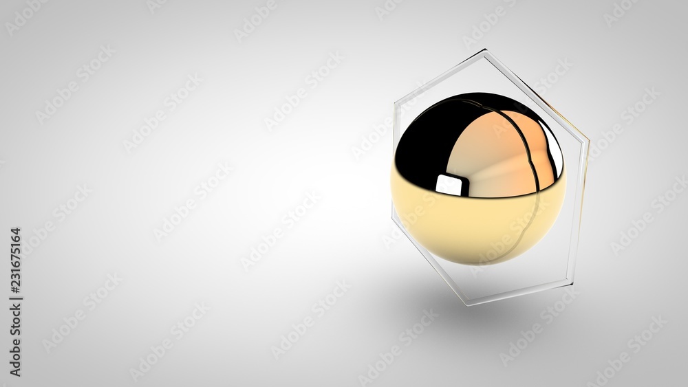 Elegant gold sphere with glass hexagon frame, 3D rendering illustration Elegant gold sphere with glass hexagon frame, 3D rendering illustration
