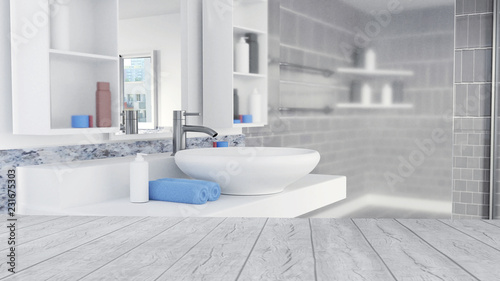 Bathroom Interior Design With Blue Towels and Empty Wooden Floor