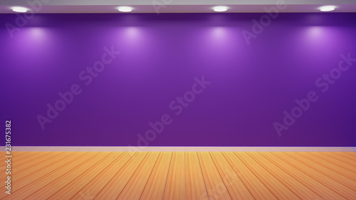 Purple Wall Studio Light with Empty Wooden Floor Background
