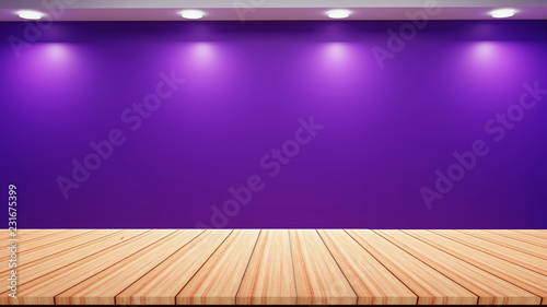 Purple Wall Studio Light with Empty Wooden Floor Background