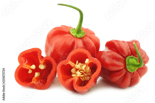Bild auf Leinwand spicy hot red habanero peppers and a cut one on a white background