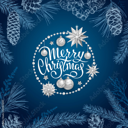 Merry Christmas card with realistic silver balls, stars in round frame. Sketch of different branches of fir tree, cedar, pine, hawthorn and cones on blue background. Elegant lettering