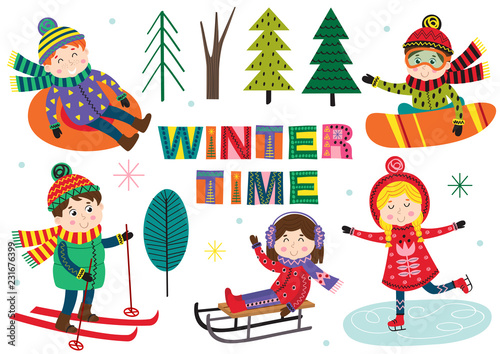 set of isolated winter time with kids part 1  - vector illustration, eps