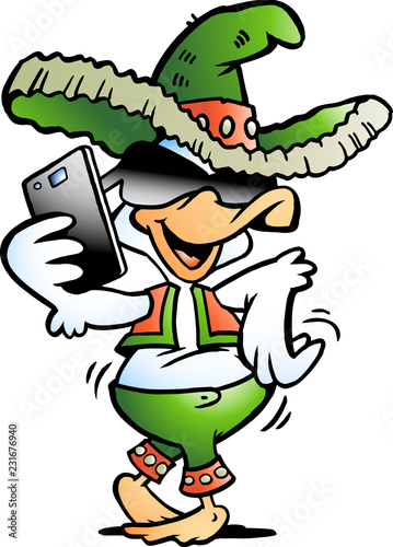 Vector Cartoon illustration of a Happy Mexican Duck talking in Smartphone