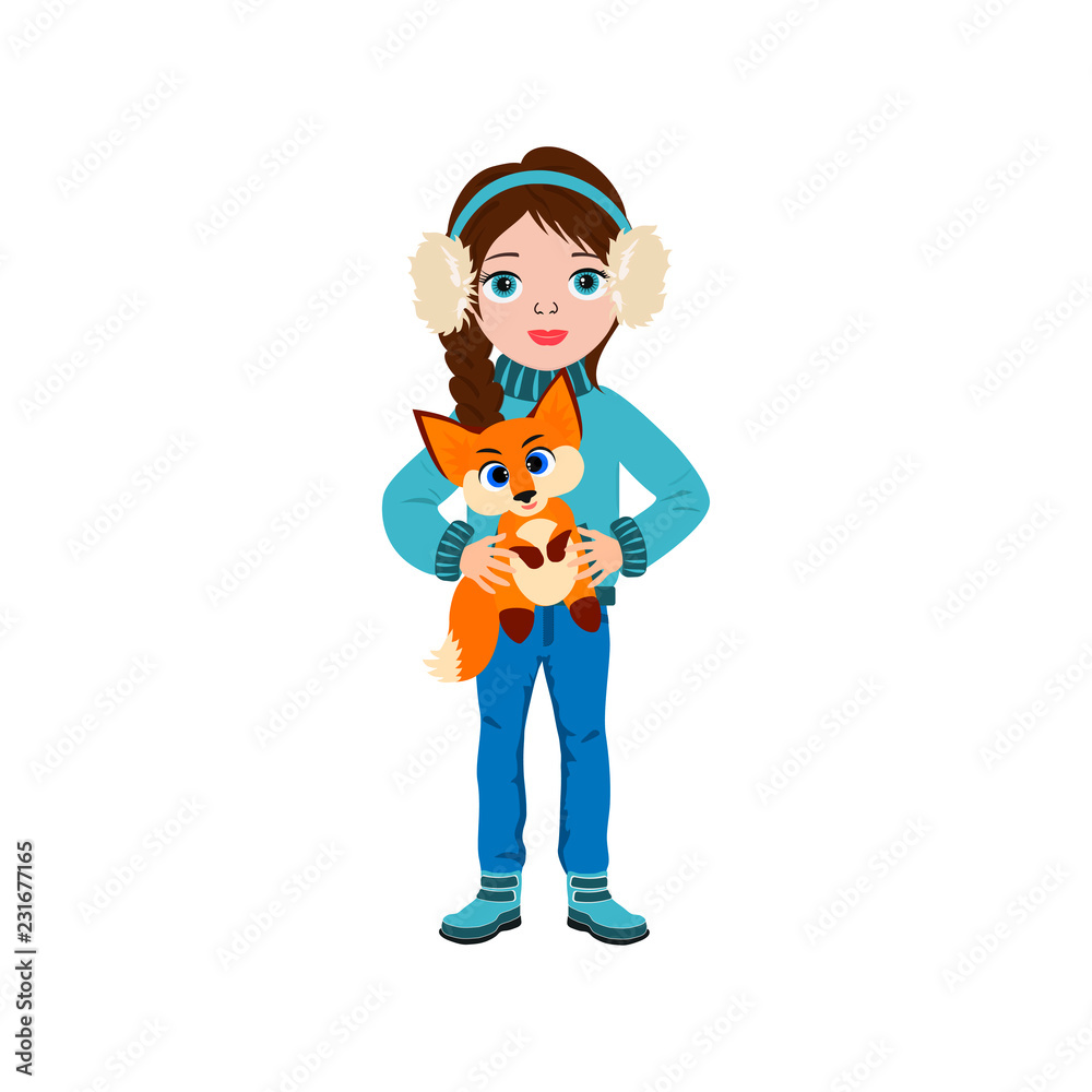 Cute young girl with little funny fox. Vector illustration icon can use for postcard, T-shirt, poster, invitation, print. Cute young girl with little funny fox. Vector illustration icon can use for postcard, T-shirt, poster, invitation, print.