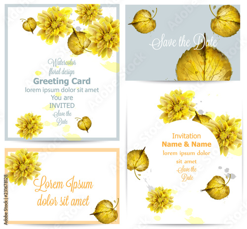 Watercolor autumn golden leaves card set Vector. Vintage greeting cards, invi...