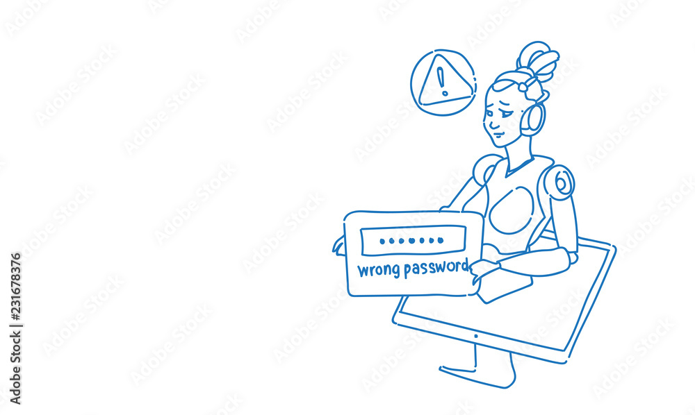 Modern female robot error wrong password login problem futuristic artificial intelligence technology concept sketch doodle horizontal vector illustration