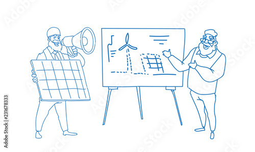 Men engineer wind turbine solar energy panel renewable station presentation sketch doodle full length horizontal vector illustration