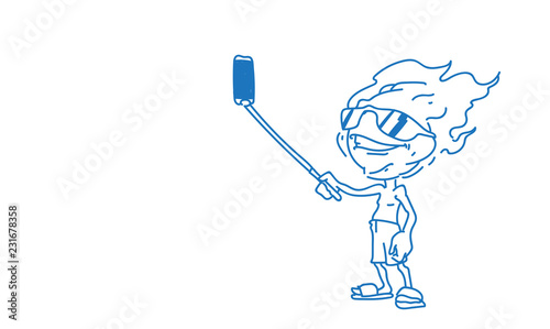 sun summer boy fire head taking selfie smart phone stick sketch doodle horizontal vector illustration