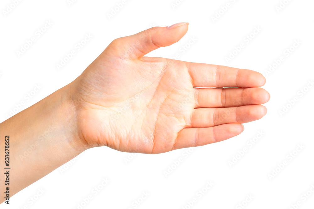 Woman showing open hand taking something or shaking Woman showing open hand taking something or shaking