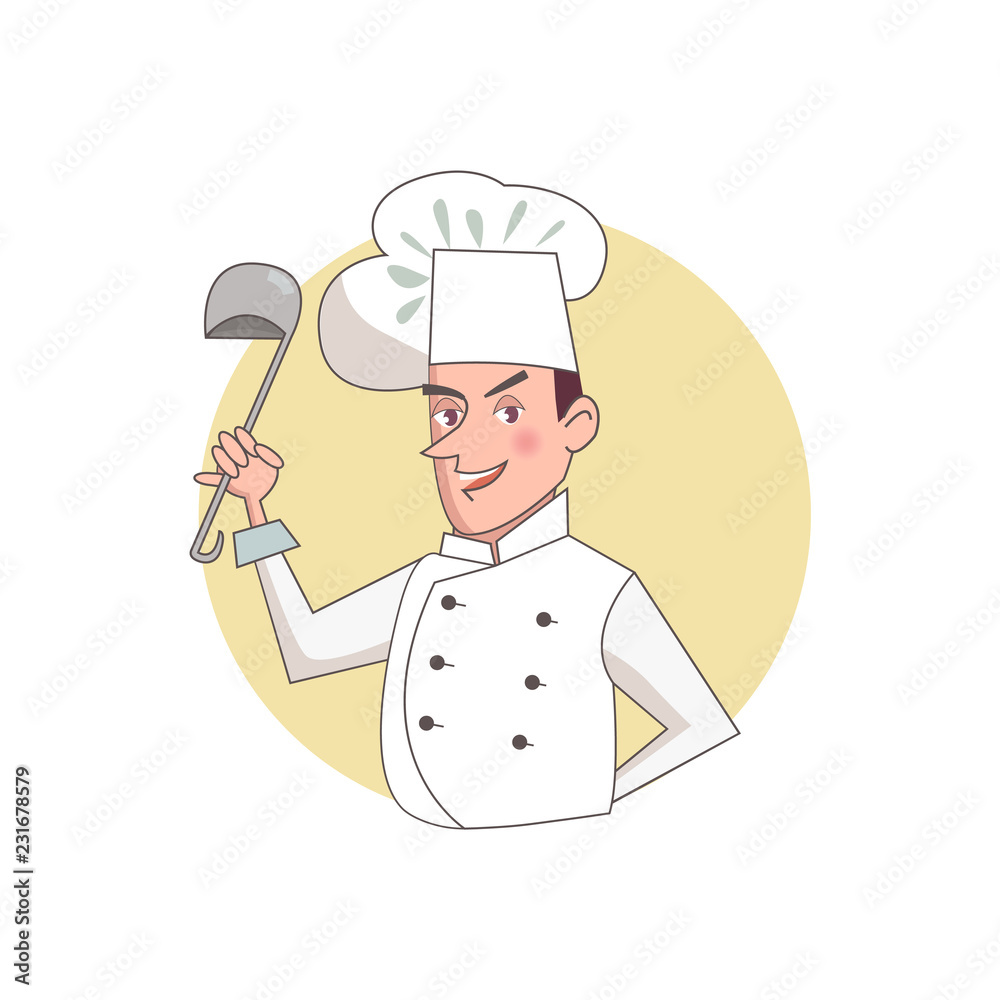 Smiling Chef with silver ladle cartoon character illustration for restaurants logo template. Cartoon character. Vector illustration Smiling Chef with silver ladle cartoon character illustration for restaurants logo template. Cartoon character. Vector illustration