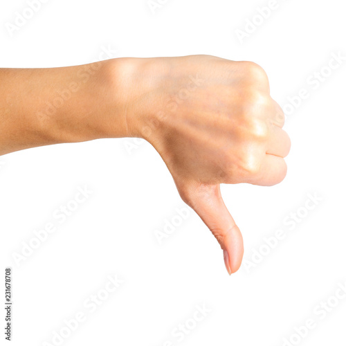 Woman holding hand in gesture of dislike sign