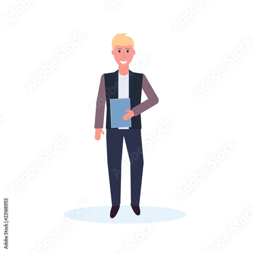businessman holding folder standing pose happy man office worker male cartoon character full length isolated flat vector illustration