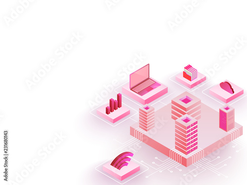 Data management concept based isometric design  3d illustration of web servers with laptop and other equipments on white background.