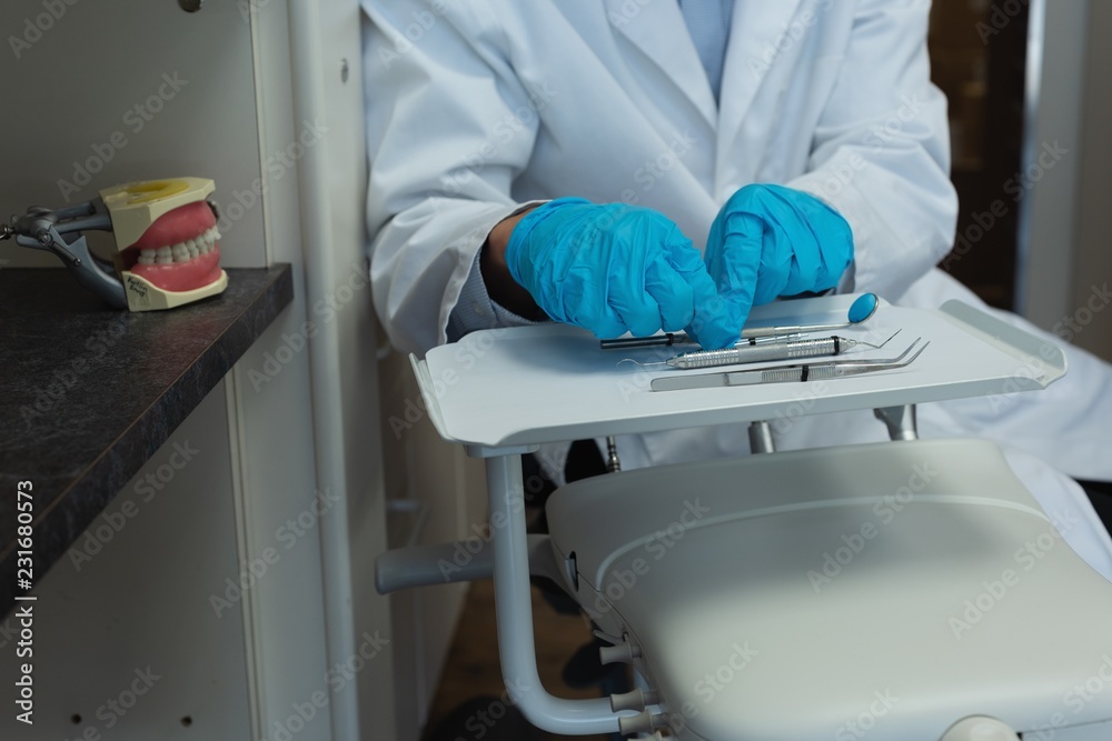 Dentist tools on tray in clinic