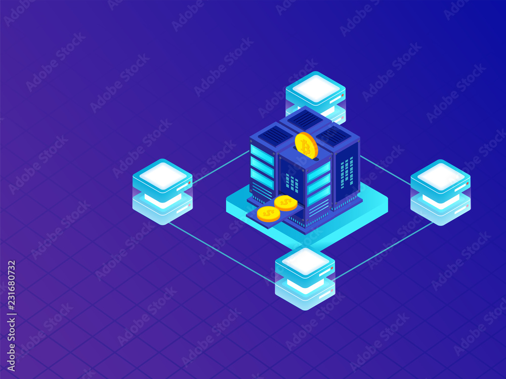 Crypto Mining or virtual to real money exchange concept, isometric crypto servers connected with money exchange machine on blue background.