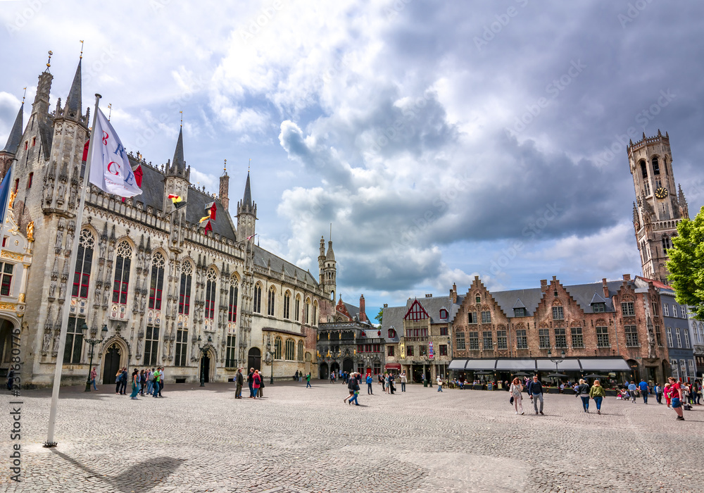 Burg square with Town Hall, Basilica of the Holy Blood and Belfort tower at background, Bruges, Belgium - obrazy, fototapety, plakaty 