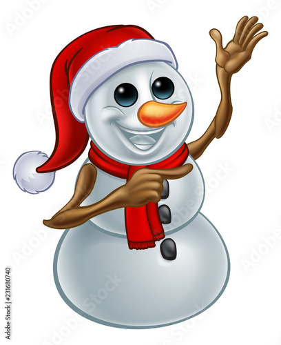 A Christmas Snowman cartoon character in a Santa Claus Hat Ponting his finger 