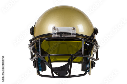 Front view of Vegas Gold American football helmet isolated on white with clipping path
