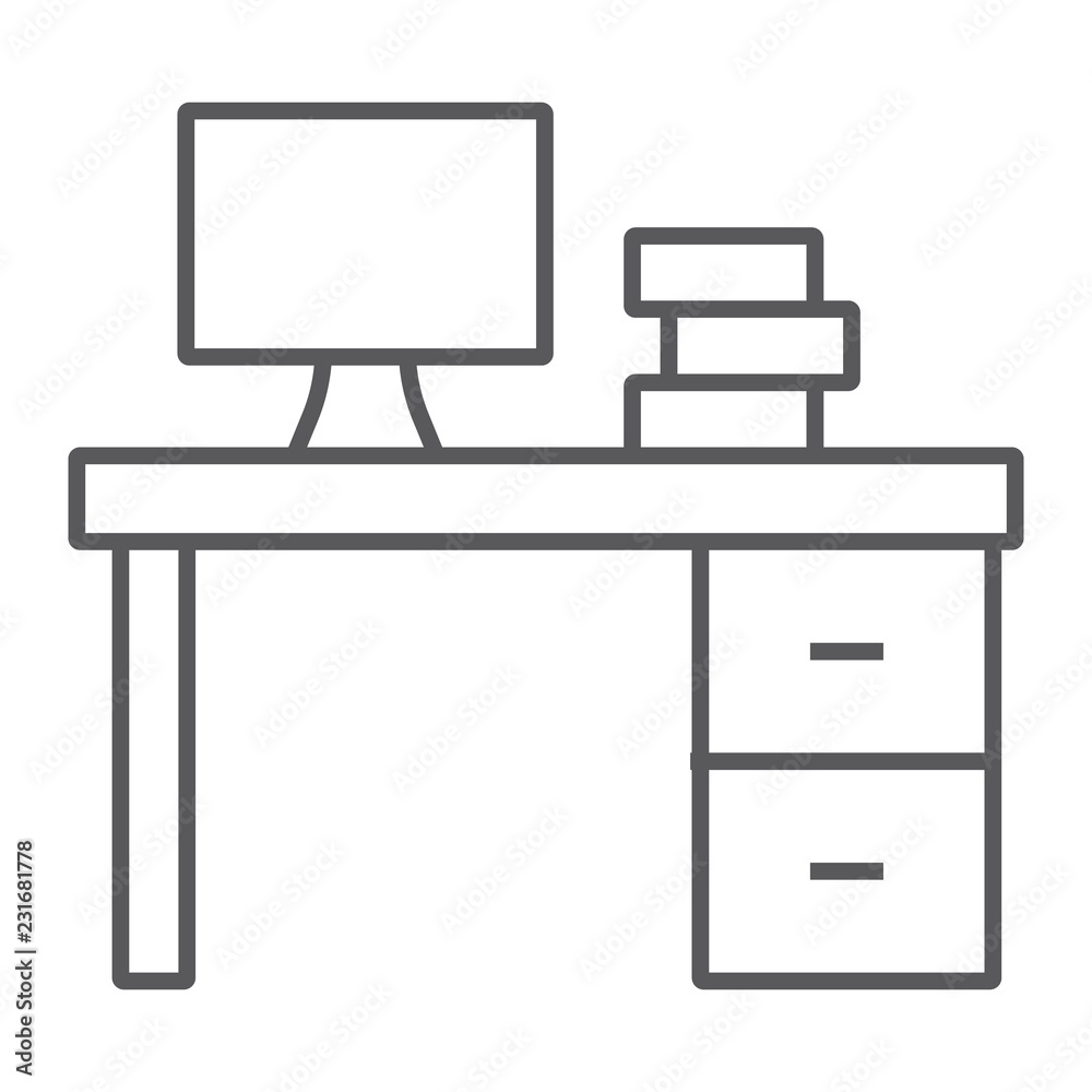 Desk thin line icon, furniture and office, table sign, vector graphics, a linear pattern on a white background. Desk thin line icon, furniture and office, table sign, vector graphics, a linear pattern on a white background.