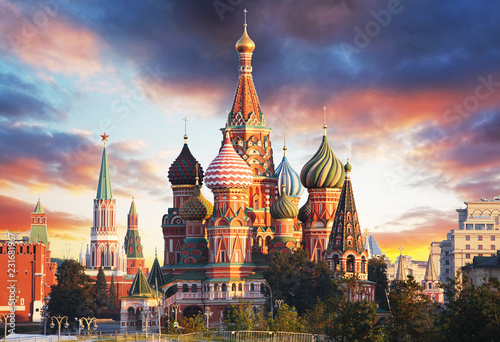 Moscow, Russia - Red square view of St. Basil's Cathedral at sunrise, nobody