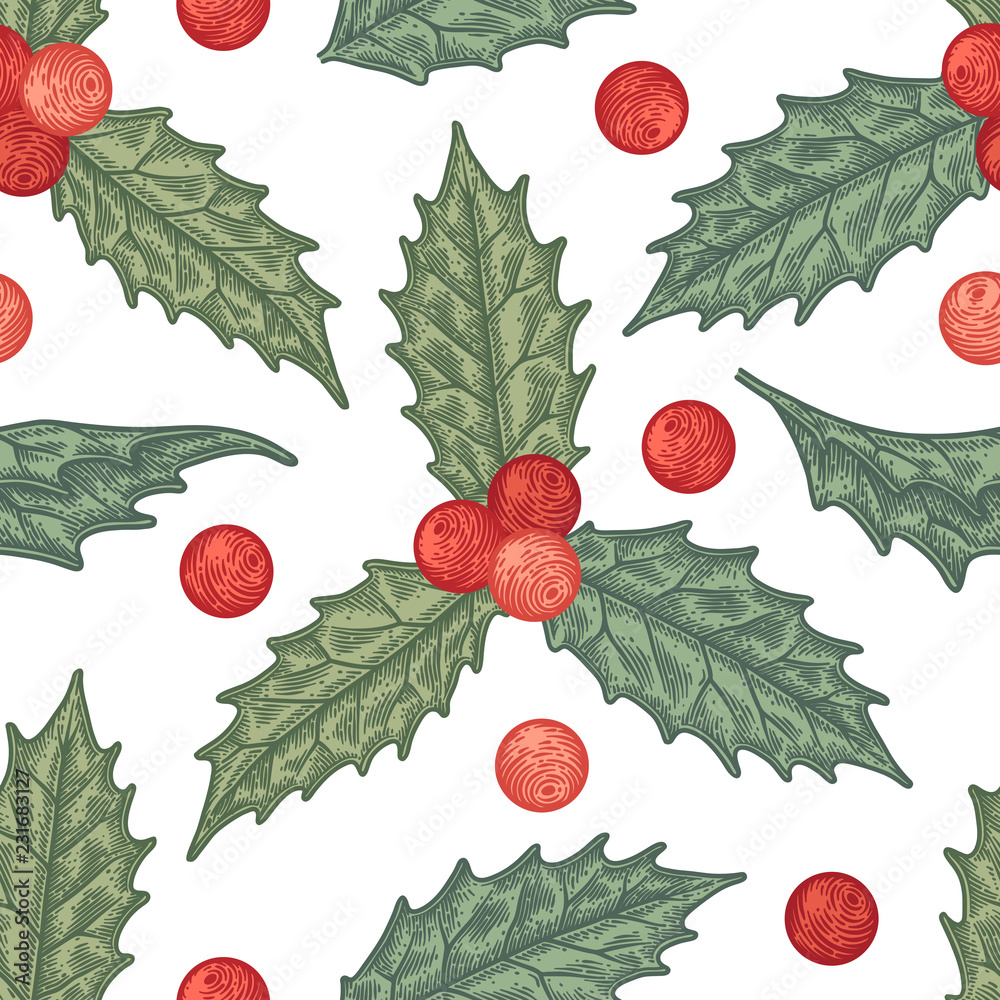 Hand draw engraving of a holly berry in a seamless pattern Stock