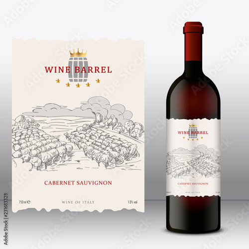 Modern Wine Label with bottle. Front Label