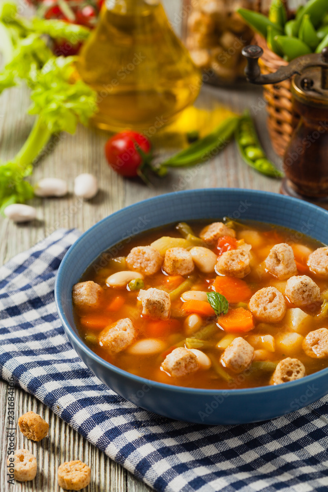 Minestrone soup with crostini. Minestrone soup with crostini.