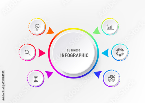 Infograph 6 element with centre circle. Graphic chart diagram, business timeline graphic design in bright rainbow color with icons. Vector illustration
