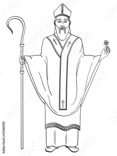 Patron saint of Ireland. Saint Patrick holding a trefoil and crosier staff with greeting ribbon. Object Coloring book photo