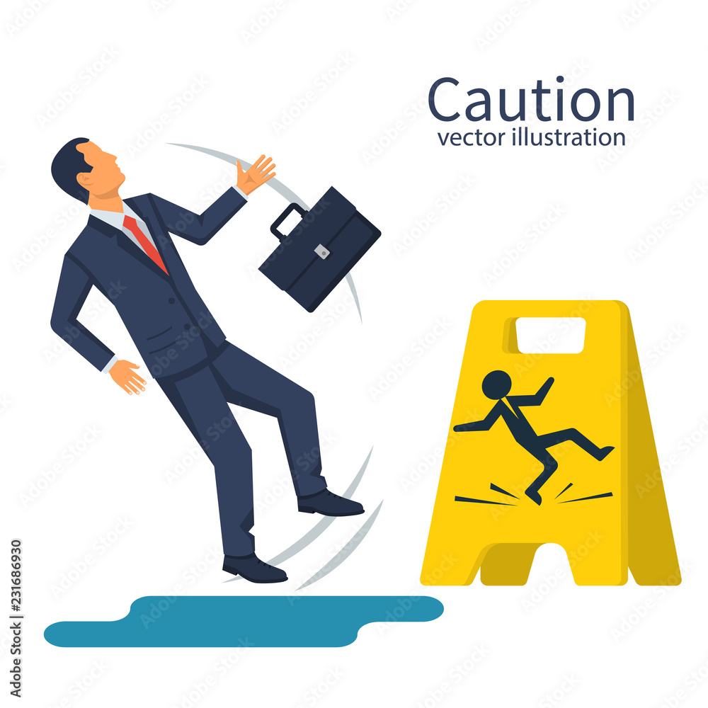 Businessman with a briefcase fell on a wet floor. Floor sign of danger. Cleaning in progress. Wet floor sign. Isolated on white background. Vector illustration flat design. Not an attentive person.