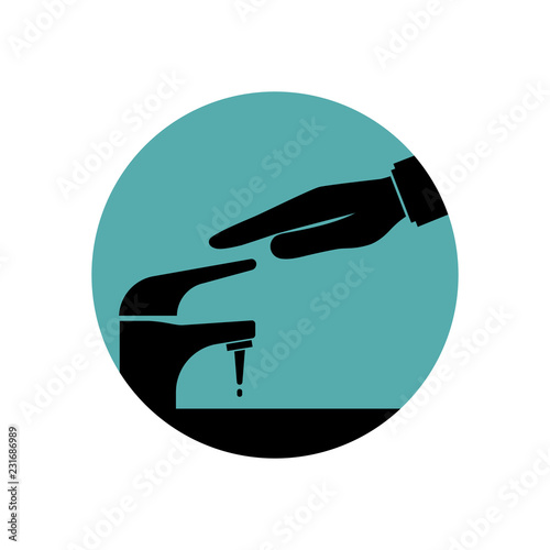 Save water black icon. Man closes hand faucet. Shut off the water. Vector illustration flat design. Isolated on background. Care for saving resources.