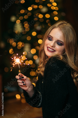 Portrait of young attractive celebrating woman holding sparkles. Background of christmas tree