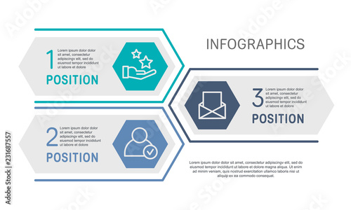 Flat line vector illustration. Infographic template with three elements, hexagons, rectangle. Timeline step by step. Designed for business, presentations, web design, diagrams, training with 3 steps