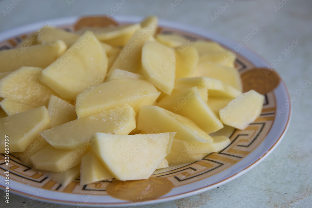 Chopped potatoes. In the chopped potato plate . Sliced, peeled raw potatoes on a board . Chopped potatoes in a bowl . Diced potatoes - as an ingredient to a potato based dish Chopped potatoes. In the chopped potato plate . Sliced, peeled raw potatoes on a board . Chopped potatoes in a bowl . Diced potatoes - as an ingredient to a potato based dish