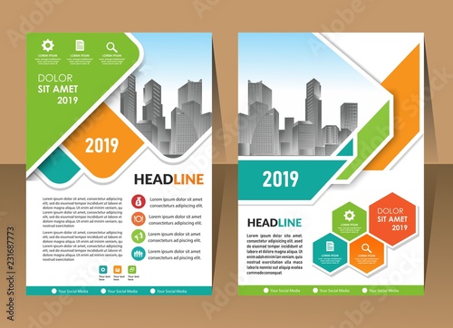 Business vector set. Brochure template layout, cover design annual report, flyer in A4 with colourful geometric shapes for PR, business, tech on bright background. Abstract creative design.