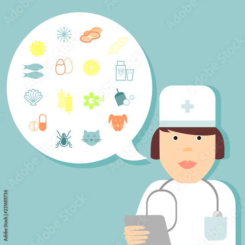 Set line icons of allergy. Medic, doctor, character. Talk bubble.