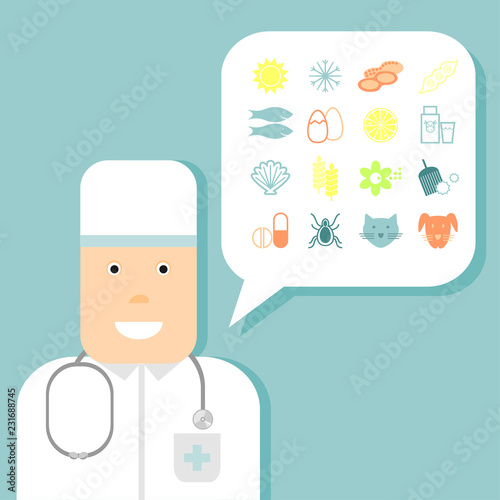 Set line icons of allergy. Medic, doctor, character. Talk bubble.