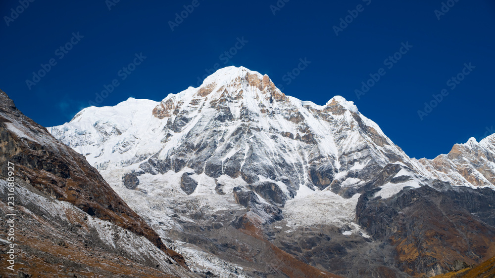 Himalayas mountain landscape in the Annapurna region. Annapurna peak in the Himalaya range, Nepal. Annapurna base camp trek. Snowy mountains, high peaks of Annapurna