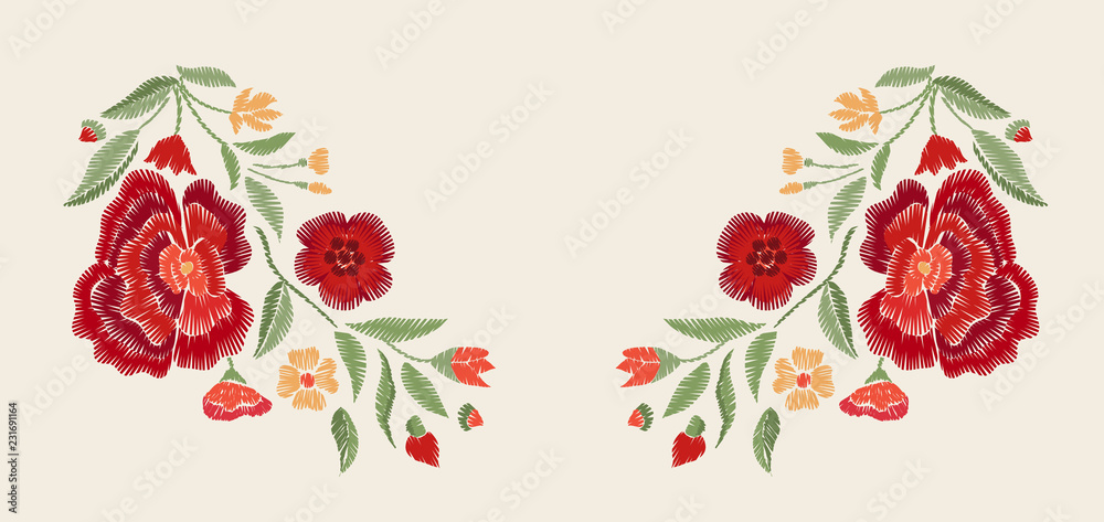 Naklejka premium Embroidered red flowers. Vector floral print.