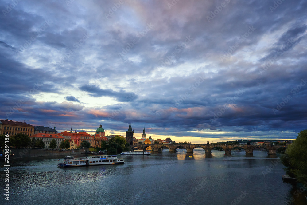 Famous Prague Charles bridge Vltava river Czech republic tourism travel historic architecture cultural landmark
