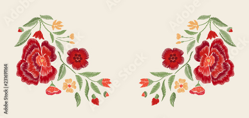 Embroidered red  flowers. Vector floral print.