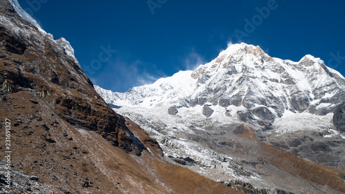 Himalayas mountain landscape in the Annapurna region. Annapurna peak in the Himalaya range, Nepal. Annapurna base camp trek. Snowy mountains, high peaks of Annapurna
