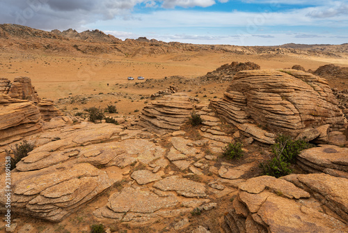 Panoramic View Baga Gazriin Chuluu, Mongolia, Rock Formations and Stacked Stones on Granite Hilltops