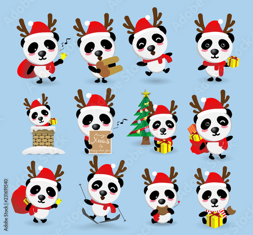 Fototapeta Naklejka Na Ścianę i Meble -  cute kawaii panda Christmas ,happy new year