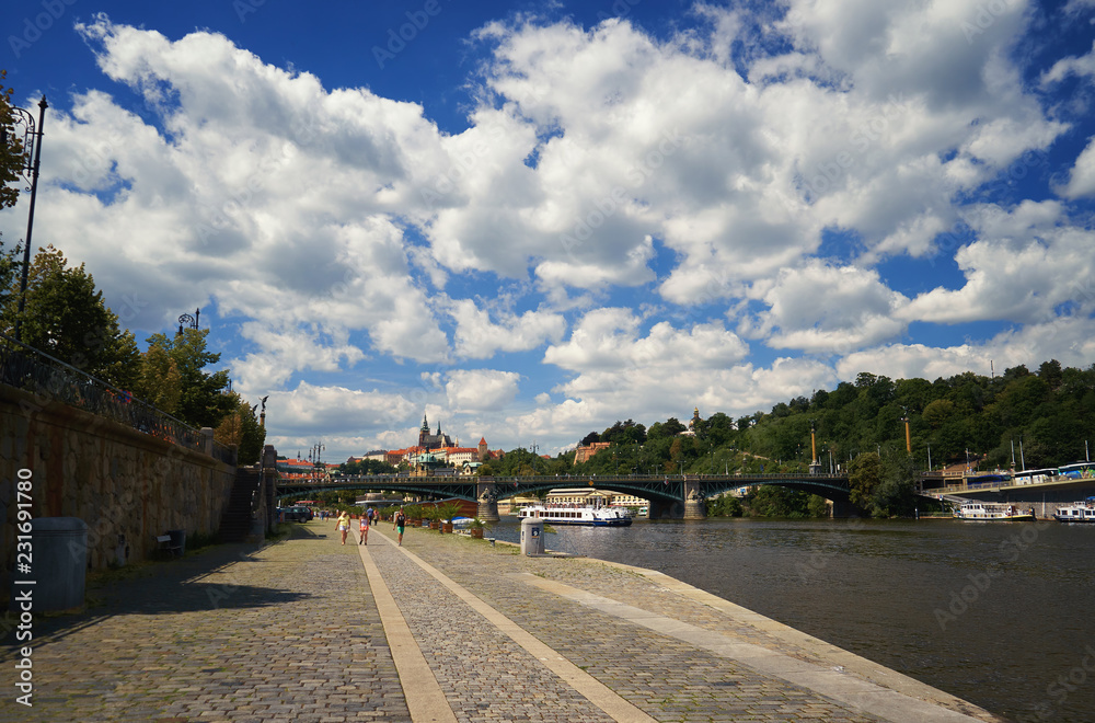 Prague Vltava river with ship European Czech republic landmark beautiful panorama view