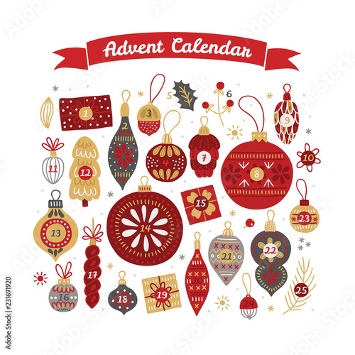 Christmas Advent Calendar with vintage decoration, gift, ball, bauble, cone