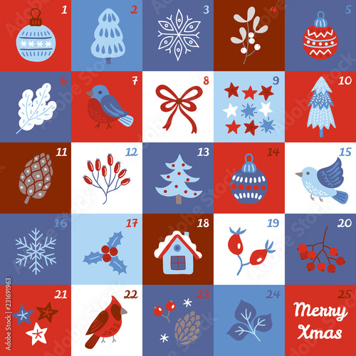 Christmas Advent Calendar with ball, fir tree, snowflake, mistletoe, branch