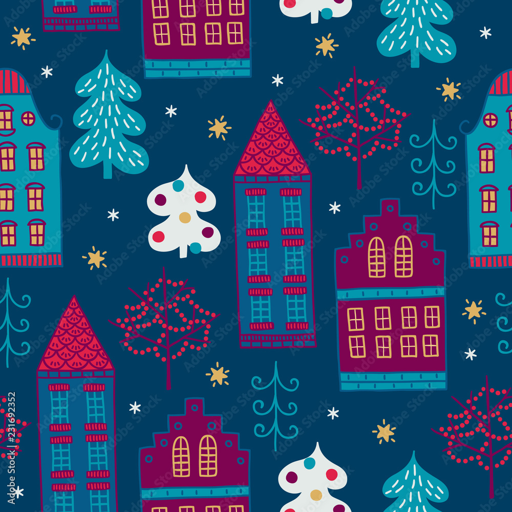 Christmas seamless pattern with fir trees, houses, stars, snowflakes